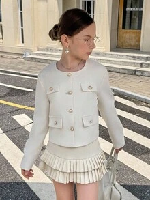 SHEIN Tween Girl Short Round Neck Long Sleeve White Jacket, Suitable For Daily Commute Fall Winter