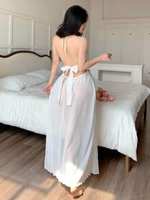 Sexy Mesh Split Maxi Dress, Women's Nightgown Sheer Nightgown Lace Nightgown Long Lingerie Dress Spaghetti Strap Nightgown Spaghetti Strap Night Gown Lace Night Gown - White - View 2