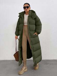 EURMUSE Keep Warm Feature, Maxi Lenght, Side Popper Detailed Puffer Winter Coat - Army Green - View 3