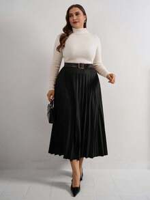 EURMUSE Váy da PU xếp ly cạp cao cỡ lớn không kèm thắt lưng - màu đen - Xem 4