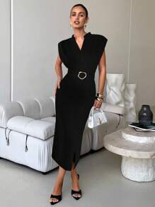 Lavishia Women's Solid Color V-Neck Dolman Sleeve Fitted Midi Dress, Elegant Minimalana Black Long Skirt With Wide Shoulders And Deep V, Sexy Elegant, Simple And Versatile For Commuting, Slimming Elegant Vacation Outfits Woman, Summer Dresses For Women,Graduation Dresses - Black - View 3