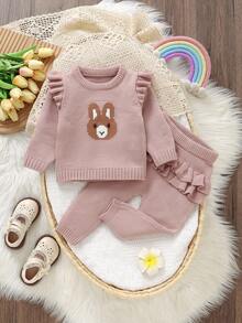 SHEIN 2pcs/Set Toddler Girls' Pink Sweater Set, Bunny Jacquard Knit Top With Flutter Sleeve + Ruffle Hem Pants, Cute Outfit Baby Girl Sweater Sets Toddler Girl Two Pieces Winter Outfits Baby Girl Winter Clothes Baby Girl Knit Set Two Pieces Outfits For Toddler Girl Baby Girls Winter Clothes Baby Girls Fall Clothes Baby Girl Fall Outfits - Pink - View 4