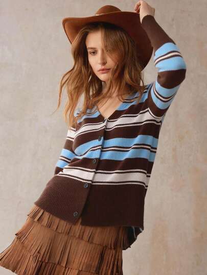 SHEIN LUNE 休闲时尚百搭纽扣式长袖女开衫 条纹女开衫 夏季女式开衫 女式夏季毛衣 女式短款开衫 秋冬女式毛衣