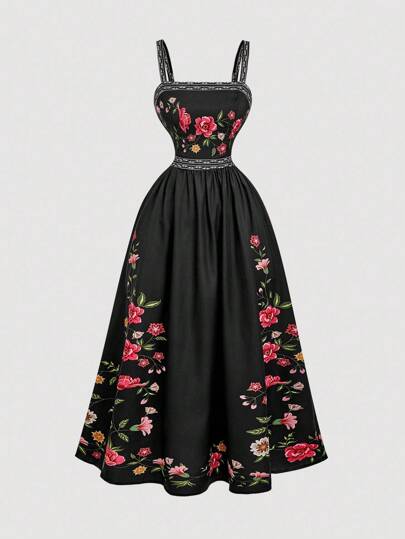 SHEIN MOD Women's Casual Cinched Waist Floral Print Long Dress, Spring/Summer  Dress,Western Wear Women,Country Concert Outfit,,Party Outfit, Elegant Dress,Party Dress,Carnival Costume,Floral Dress Women,Prom Dress,Vacation Outfits Woman