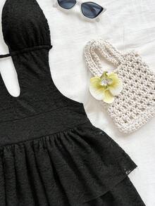 Soleia 奶油黄色女士度假复古扎染印花深 V 领露背系带双荷叶边下摆腰部收紧迷你连衣裙，适合派对、性感、约会、下午茶、街头、城市度假、音乐节、海滩、夏季 - 黑色 - 查看 6