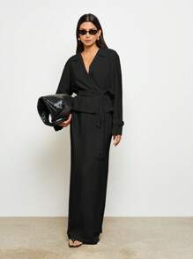 AiiRZ Lightweight Linen Blend Cropped Trench Jacket Wrap Front With Belt Adjustable Sleeves Professional Office Wear Spring Autumn Outerwear - Black - View 3