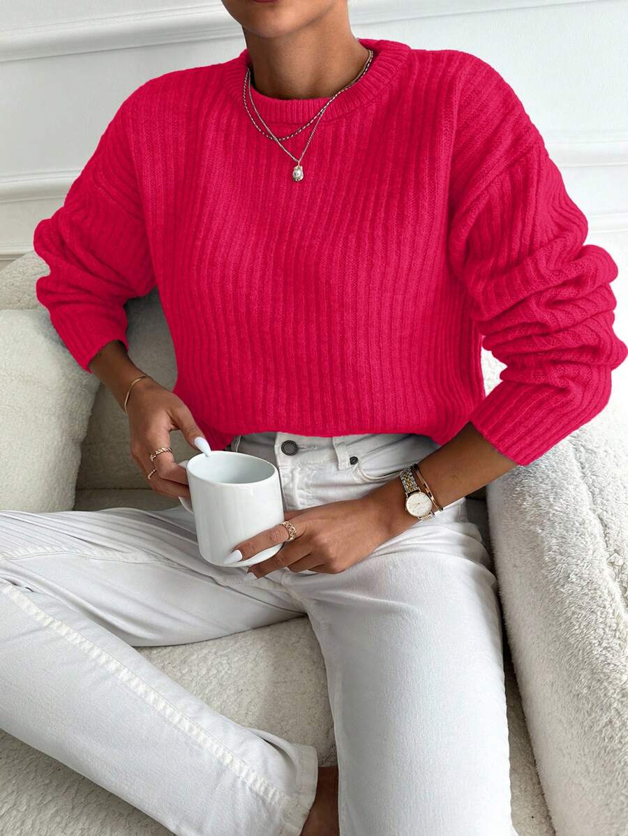 EURMUSE Maglione monocolore spalle cadenti in maglia a coste - Rosa - Visualizzare 1