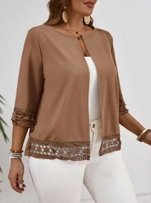 EMERY ROSE Plus Size Women Casual Loose Thin Jacket With Open Front And 3/4 Sleeves,Fall Clothes For Women Winter Autumn - Khaki - View 6