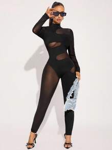 Radiana Plus Size Women's Spring & Summer Elegant Sexy Daily Basic Commuter Mesh Patchwork See-Through Hollow-Out Unitard Jumpsuit,Suitable For High Street Style,Urban,Sexy Office Siren Coquettish,Cruise Attire,Commuting,Business,Retro,Vintage,Party,Resort,Outing,Old Money,Richly Layered,Date Night,Gathering,Minimalism,Birthday,Formal Event,Gyaru,Ibiza,Nashville,Break,Modest,Chic,Casul,Shopping, Streetwear,Going Out, ,Accent Your Body,Flatter The Figure,Fall Clothes For Women - Black - View 7