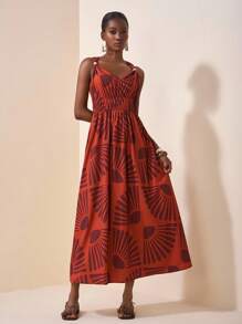 Zivah 2025 春夏新款音乐节、复活节、圣帕特里克节、西部风、游牧风、生日派对、毕业典礼、学院风、学生装、日常休闲、基础百搭、休闲、邮轮旅行、海滩、日光浴、网络热卖、街头服饰、婚礼宾客波西米亚风、通勤、早午餐、机场、细肩带 V 领无袖木质纽扣装饰褶饰腰部 Y2K 复古做旧假日印花长裙 - 彩色 - 查看 3