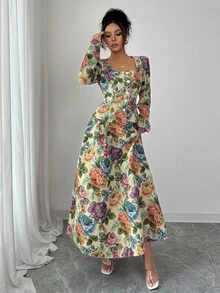 Elenzga 女士优雅秋季方领泡泡袖上衣和 A 字形纹理玫瑰提花裙两件套 - 彩色 - 查看 3