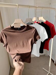 SHEIN Tall CURVE 4 件大码休闲纯色短款圆领短袖修身女式 T 恤，适合夏季 - 彩色 - 查看 2