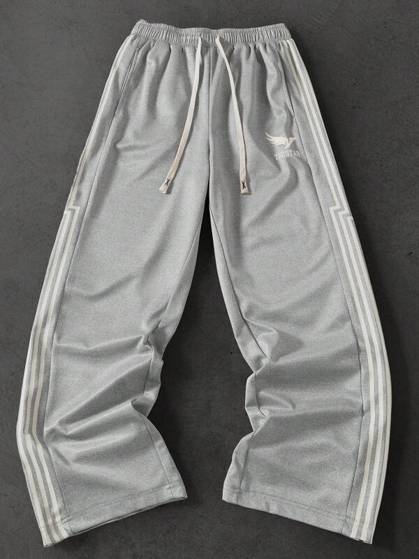 Manfinity Sporsity Men's Contrast Stripe Drawstring Waist Printed Lounge Pants, A Great Gift For Your Boyfriend, Back To School Mens Wide Leg Side Stripe Gym Pants Mens Striped Sweatpants Mens Track Pants Grey Sweatpants Men Baggy Sweatpants Men
