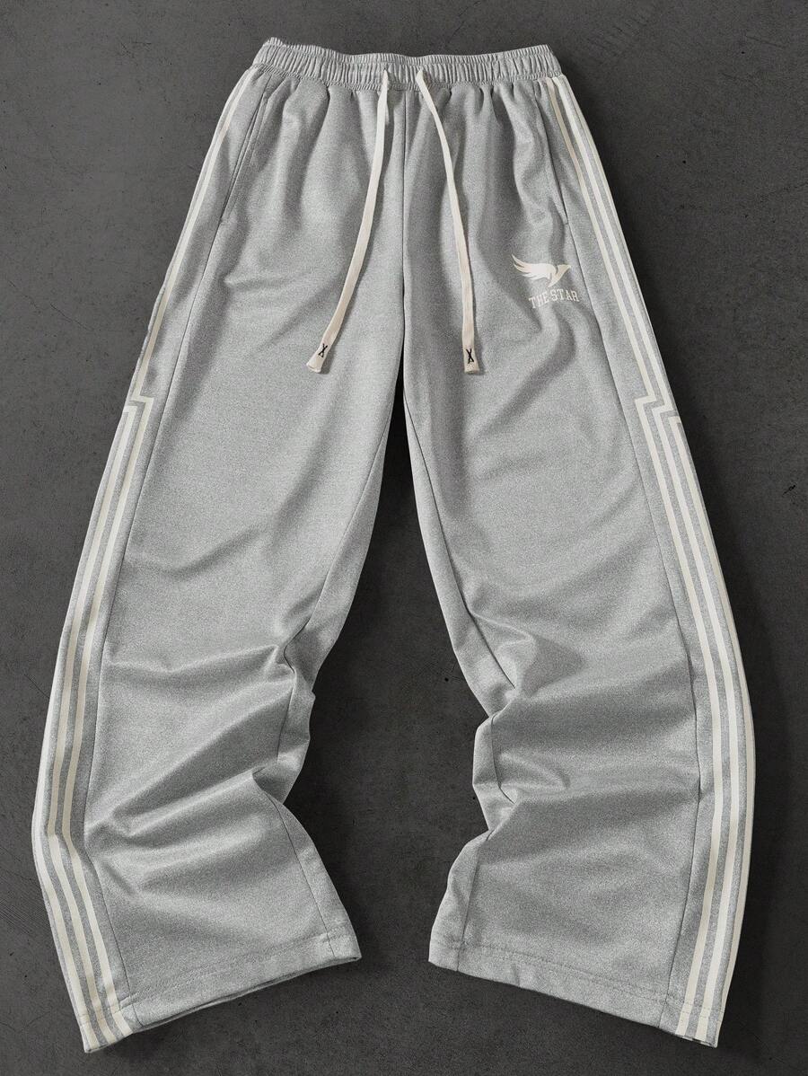 Manfinity Campus Court Men's Contrast Stripe Drawstring Waist Printed Lounge Pants, A Great Gift For Your Boyfriend, Back To School Men Wide Leg Side Stripe Gym Pants Men Striped Sweatpants Men Track Pants Grey Sweatpants Men Baggy Sweatpants Men