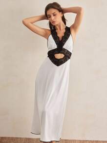 Charlaine Women's Sexy V-Neck Contrast Lace Nightgown, Summer - Black and White - View 5