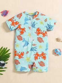 SHEIN 1 件装小男孩可爱卡通鲨鱼和鱼动物印花短袖连体泳衣，适合海滩、游泳、冲浪度假、春夏季