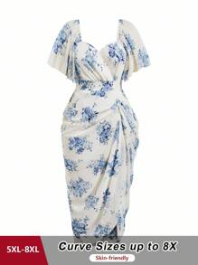 SHEIN CURVE+ 大码女式甜心领印花雪纺荷叶边短袖优雅复古可爱假日浪漫中长款伞裙