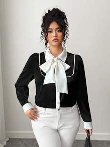 Elenzga بلوزة نسائية كبيرة الحجم بأكمام طويلة وياقة ربطة عنق بلون متباين