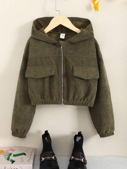 SHEIN Tween Girl 宽松休闲落肩连帽短款灯芯绒夹克