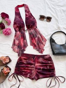 Soleia 全新休闲度假西部海滩婚礼宾客服装毕业早午餐女装圣帕特里克节春假复活节音乐节优雅波西米亚热带露背针织不对称印花系带露背上衣和短裤套装 - 乾枯玫瑰色 - 查看 1