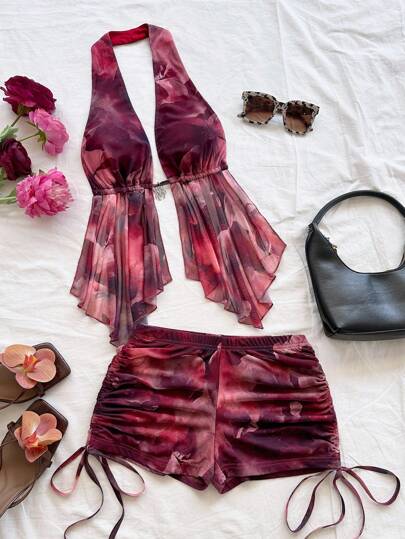 Soleia New Casual Vacation Western Beach Wedding Guest Attire Graduation Brunch Women's Outfit St. Patrick's Day Spring Break Easter Music Festival Elegant Bohemian Tropical Halter Neck Knit Asymmetrical Printed Tie-Front Backless Blouse And Shorts Set