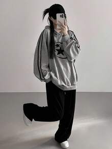 DAZY 五角星连帽衫，宽松学院风女式运动衫，秋冬款 - 灰色 - 查看 5