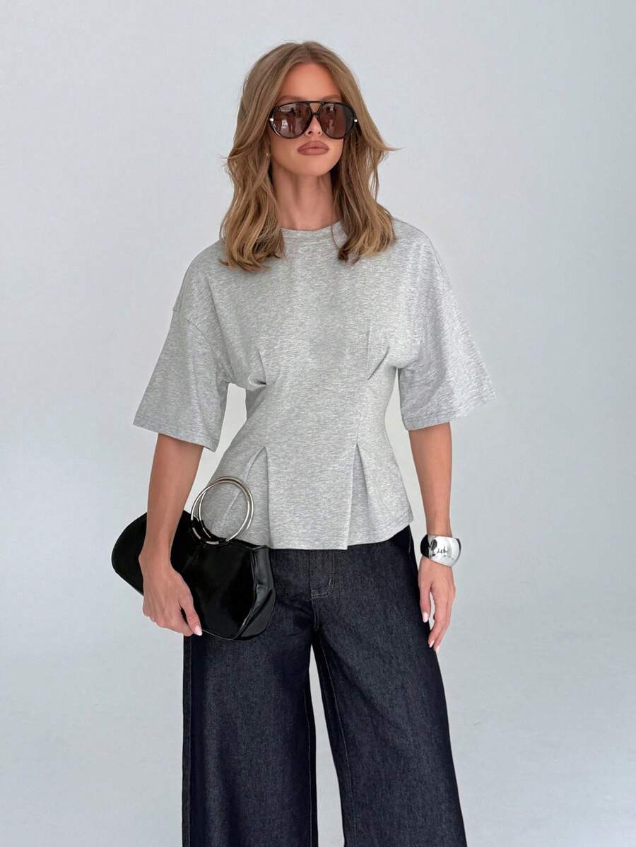 AiiRZ 收腰短袖棉混纺荷叶边T恤，现代简约设计，适合日常办公室穿着，高级基本款 - 灰色 - 查看 1