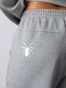 SHEIN Sports Women's Loose Spider Print Street Style Sports Shorts - Grey - View 3