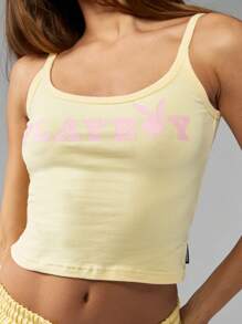 Missguided x Playboy Áo croptop không tay kiểu vintage với logo thỏ, chất liệu cotton pha, thích hợp cho các lễ hội mùa hè, mang phong cách retro Y2K. - Màu vàng - Xem 4