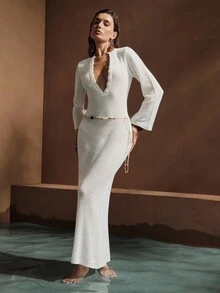Swim Chiccia 女式纯色纽扣半襟长袖罩衫连衣裙 - 白色 - 查看 4