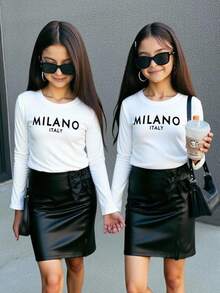 SHEIN Tween Girl Fashion Casual 2 Pieces Set: Knit Letter Graphic Print Crew Neck Long Sleeve Fitted T-Shirt + PU Leather Solid Bow Decor Snug Fit Mini Skirt, Autumn/Winter Outfit Bow Skirt Black And White Skirt Girl Outfit Black And White - Black and White - View 7