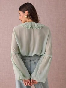 Enchnt Damen Einfarbige Bluse mit Kontrast-Spitzenrüschen und weiter Passform, Langarm - Grün - Übersicht 7