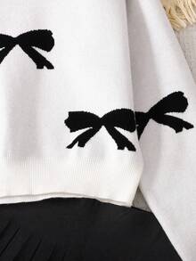SHEIN Tween Girls Cute Bow Jacquard Knit Sweater And Knit Mini Skirt Set, Casual Daily Versatile Fashion Outfit Fall Winter - White - View 4