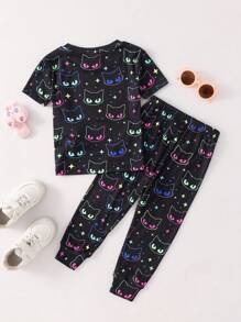 SHEIN 2pcs/Set Young Girls Glowmode Glow-In-The-Dark Cartoon Cat Print T-Shirt Leggings Snug Fit Pajamas Black Summer Fairy Family Matching Sleepwear Set - Black - View 8