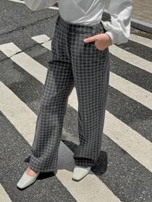 青少年女孩休闲通勤格子直筒裤 - 灰色 - 查看 4