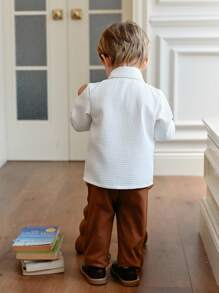 Souflis Souflis 2pcs Baby Boy Woven Waffle Collar Colorblock Print Long Sleeve Button Shirt & Straight Leg Casual Pants Set, Stylish For Spring/Autumn Everyday Wear Fall Winter - Multicolor - View 3
