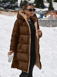 EURMUSE Double Face Teddy Bear Hooded Puffer Long Down Coat - Brown - View 5