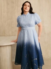 Anewsta Plus Size Women's Elegant Purple Ombre Bubble Embroidery Dress, Spring/Summer - Blue - View 5