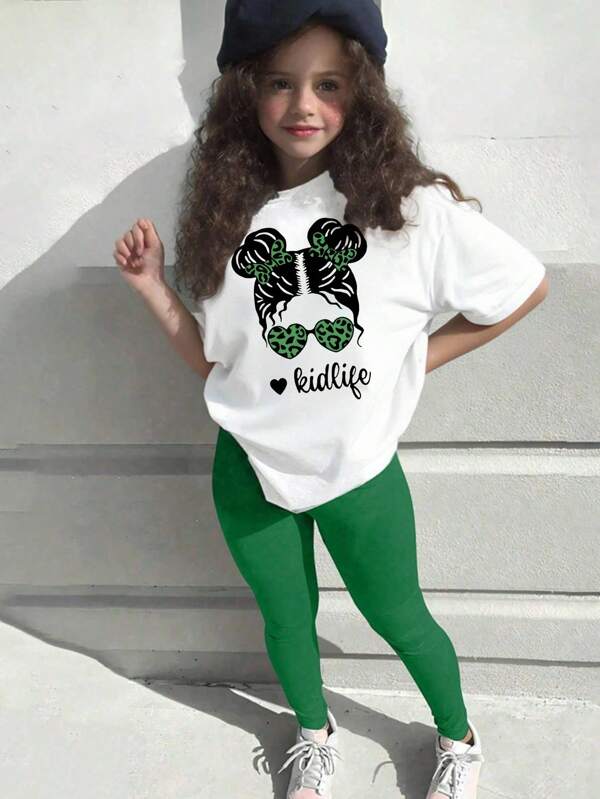 SHEIN Explorewe 2pcs/Set Girls Casual Chic Leopard Print Sunglasses & Silhouette Pattern Short Sleeve T-Shirt And Leggings Set 2 Piece Girls Shirt Set Green Girls Green Outfit Set Kidlife Outfit Girls Tshirt And Leggings Set Green Leggings Girls Outfit Girl Green Outfit Set Girls Green Leggings Set