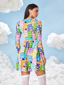 SHEIN X Care Bears 可爱满版印花长袖短款连衣裙