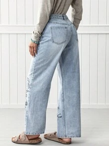 EMERY ROSE Jeans rectos y sueltos con estampado floral casual - Lavado ligero - Ver 2