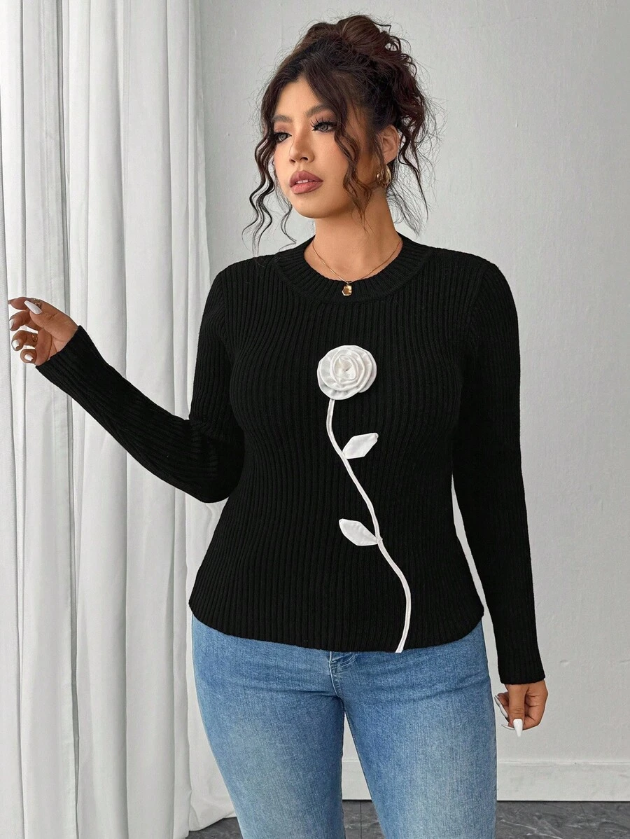 Elenzga Plus Size Casual 3D Floral Decor Sweater, Autumn/Winter Fall ...