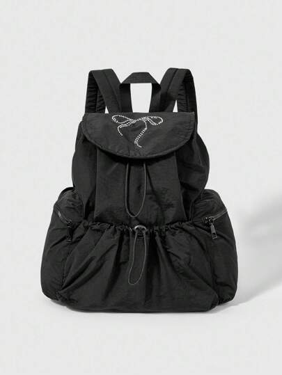 Kawaii New Nylon Black Water-Resistant Large Capacity Backpack, Suitable For Students, Commuting, School