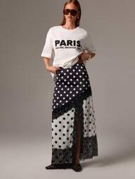 AiiRZ Polka Dot Black White Lace Trim High Waist Side Split Maxi Skirt Elegant Evening Party Occasion Wear Wedding Guest Holiday Summer Fall Fashion