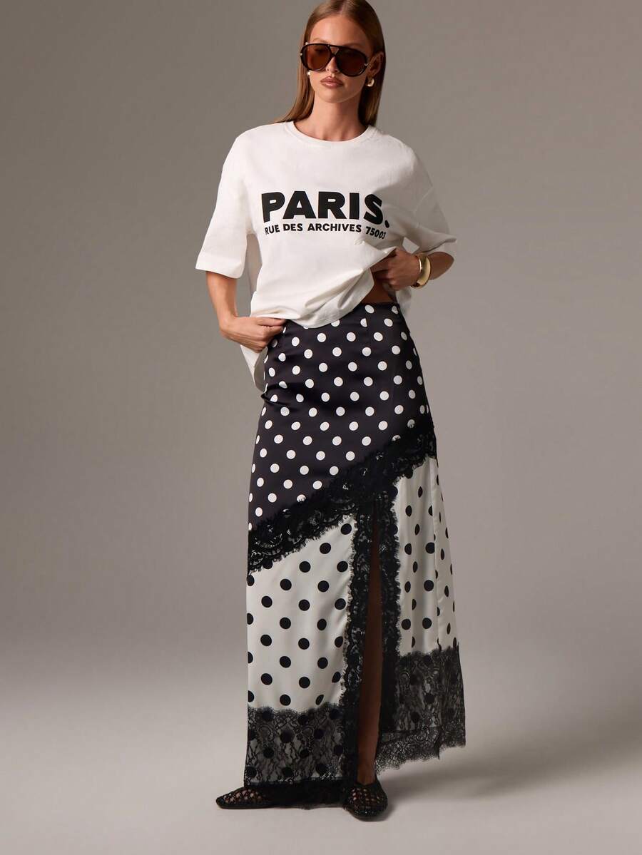 AiiRZ 波尔卡圆点黑白蕾丝边高腰侧开衩长裙优雅晚会场合装婚礼宾客节日夏秋时尚 - 黑與白 - 查看 1