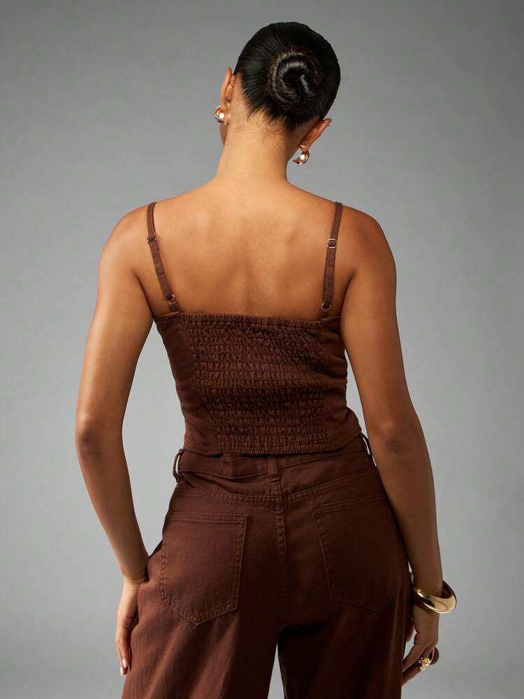 MISSGUIDED Top a corsetto in denim con chiusura anteriore a bottoni, scollo a cuore, spalline sottili, pannello elastico sulla schiena, design bustier in stile vintage, moda autunno inverno