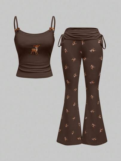 J-Fashion Cute Deer Embroidered Lace Blouse Paired With Deer Print Flare Pants