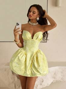 Vowa Váy suông satin jacquard kiểu cung điện thanh lịch, sang trọng, quý phái, không dây, có nhún eo, thích hợp cho tiệc đơn, đám cưới, tốt nghiệp, kỳ nghỉ, quà tặng cô dâu - Màu vàng - Xem 3