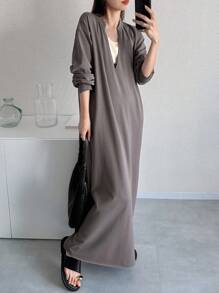 FRIFUL 女式宽松深 V 领落肩长袖开衩休闲长裙，灰色，秋季