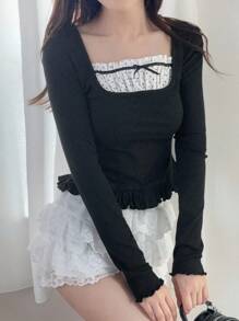 FRIFUL Women's Square Neck Polka Dot Patchwork Drawstring Bow Decor Ruffle Hem Long Sleeve Slim Fit Versatile T-Shirt, Autumn Cute Tops